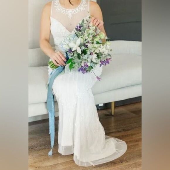 Lulus Modern Fairytale White Mesh Beaded Sequin Mermaid Maxi Dress Small NEW - Picture 6 of 16